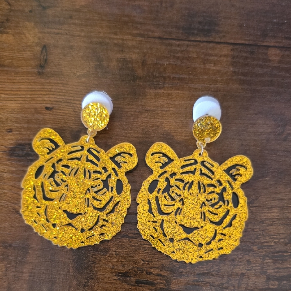 Gold Tiger Face Earrings